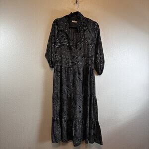 Paani Maxi Dress M Blue Gold Paisley Print‎ Tiered Ruffle 3/4 Sleeve Boho